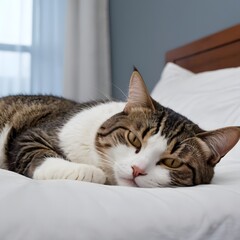 A cat on a white bed, resting, peace and calm.