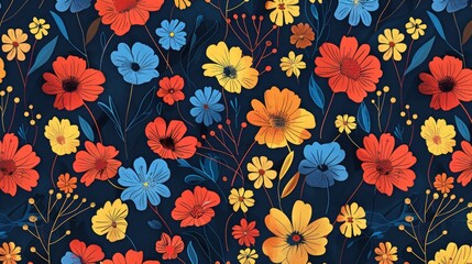 Bright flowers on dark background in red yellow and blue colors Summer design for printing Seamless pattern suitable for textile and paper