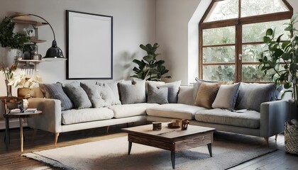 A living room with a white couch and a black framed picture on the wall
