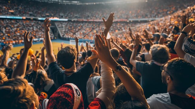 A massive crowd of enthusiastic fans cheering at a sports event, A crowded sports event with fans cheering on their favorite teams