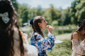 A young woman in a blue floral dress enjoys a croissant at a sunny garden party, surrounded by friends in a lush park setting.