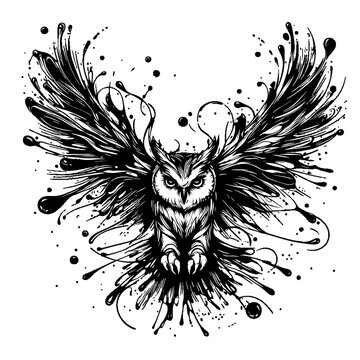 recommend clip art: line art of black paint splashes forming an owl