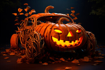 halloween car. Pumpkin car. Scary road trip. Image for decoration, advert, poster, shop sign.