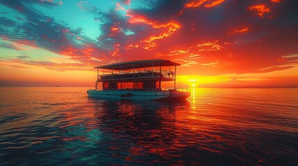 A large cruise boat sits on the calm water of the ocean, illuminated by a vibrant, red and orange sunset.