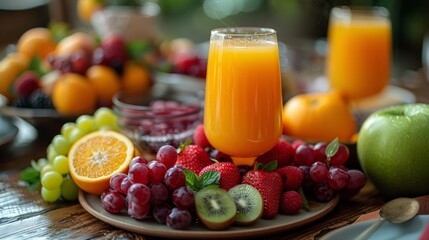 Freshly squeezed orange juice served with a colorful fruit platter.