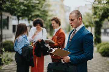 Group of business professionals engaged in discussion and reviewing documents outdoors in a modern urban environment. Focus on one man in a blue suit taking notes.