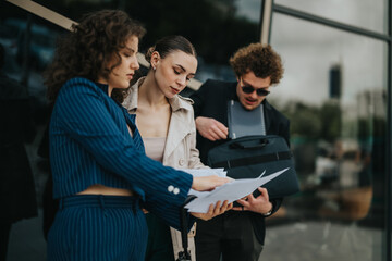 Business team of three reviewing documents outside. Professionals engaged in discussion and planning in an urban environment.