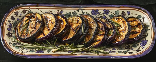Grilled eggplant slices with rosemary sprigs on decorative plate
