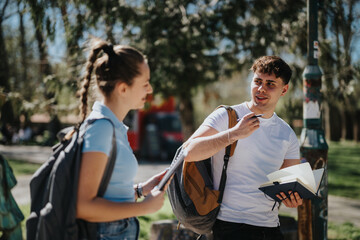 College friends studying and discussing notes together outdoors in a park on a sunny day after...