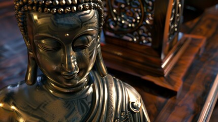 Obraz premium A gold statue of a Buddha with a gold robe and a gold headband