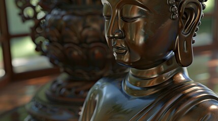Obraz premium A bronze statue of a person with a serene expression