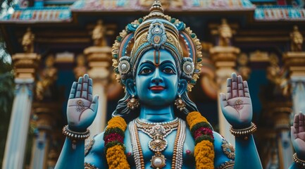 Obraz premium A blue statue of a god with a yellow garland around his neck