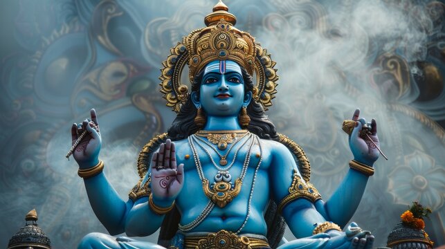 A blue statue of a god with a gold crown and a white beard - Powered by Adobe