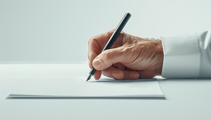 Close-up of a hand holding a pen writing on a blank sheet of paper, representing creativity, planning, and expression.