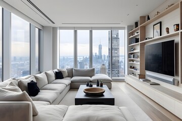 A modern minimalist living room with a sleek sectional sofa, a low coffee table, a wall-mounted TV, built-in shelves with minimal decorative items, and large floor-to-ceiling windows with a view of