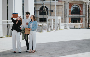 Obraz premium Group of business professionals engaging in an outdoor discussion, utilizing a tablet and documents for a project.