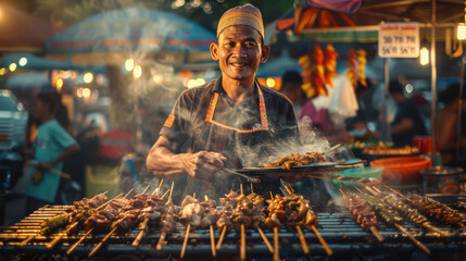 Balinese street food stall, vibrant satay skewers grilling over open flames