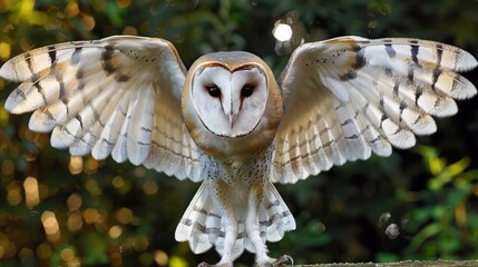 Barn owl with wings fully stretched.