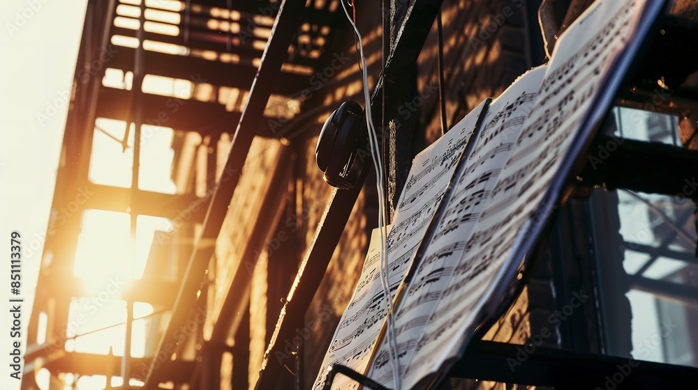 Wall mural Fire escape with music sheets and headphones, close-up, bright daylight, textured metal, music learning, urban environment. 