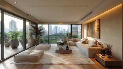 Fototapeta premium Modern living room, Interior design, Minimalist style, Spacious, Natural light