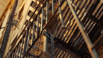 Fire escape with camera and tripod, close-up, warm evening light, textured metal, photography gear,...