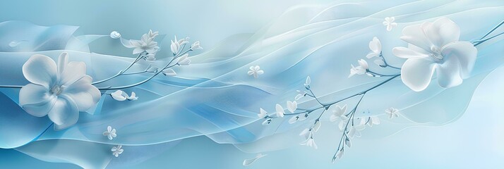 Blue ribbon banner with an abstract background, white flowers and blurred wave elements, copy space for text backdrop suitable for various themes such as fashion, beauty, wedding, or spring