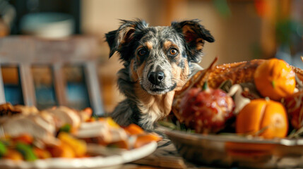 Australian Shepherd Dog Sitting at a Festive Dinner Table with Assorted Dishes
