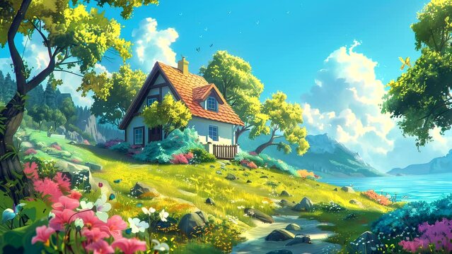House on Hilltop with Meadow and Flowers in Summer. Seamless Looping Animation Background.