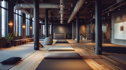 A minimalist yoga studio with natural light streaming through large windows, wooden floors, and comfortable mats for practice.