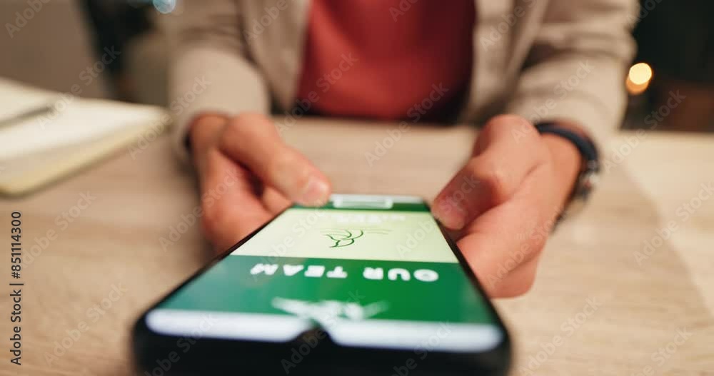 Poster Hands, screen and smartphone on table for scrolling, browsing and mobile application for user. Person, tech and connection with cellphone for text message, online services and networking in office