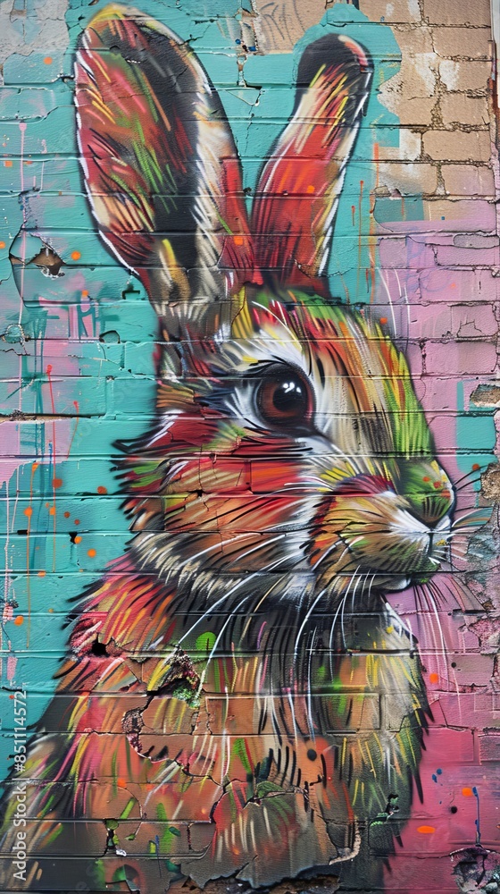 Wall mural Colorful graffiti rabbit posing on brick wall mural