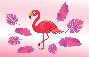 Flamingo vector icon, cartoon pink tropical bird, summer animals set, cute zoo characters background. Exotic fauna illustration