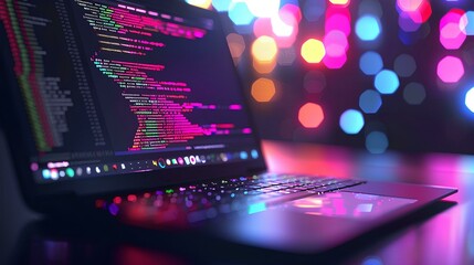 Close up of a laptop with colorful code on the screen, against a technology background, with blurred lights in a dark room, depicting a coding concept for software development banner template.