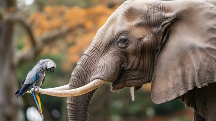 Elephant with a gray parrot