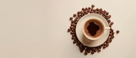 Vibrant coffee beans arranged in a radial pattern around a minimalist coffee cup, with ample space for text