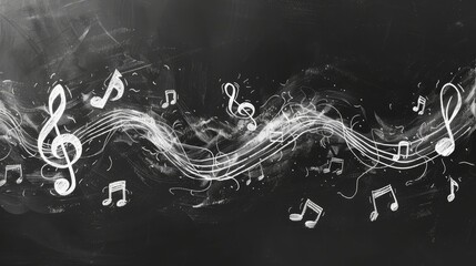 White chalk music notes icon, hand-drawn grunge style, blackboard background, raw artistic look, detailed texture