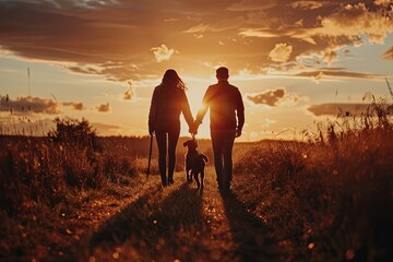 A couple walks their dog along a grassy path at sunset, silhouetted against the golden sky. Generative AI
