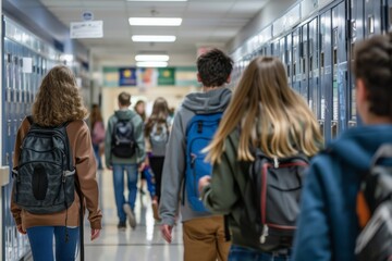 School hallway with students and lockers