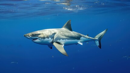 Fototapeta premium Great white shark underwater diagonal, focus on the front half