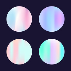 Holographic abstract backgrounds set. Gradient hologram. Bright holographic backdrop. Minimalistic 90s, 80s retro style graphic template for brochure, banner, wallpaper, mobile screen.