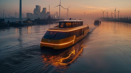 Fototapeta premium A modern, sleek passenger boat cruises down a canal at sunset, with wind turbines visible in the background.