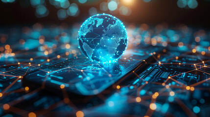 Communication concept, a 3d globe coming out of a cell phone on a circuit of connected electronics creating connections.