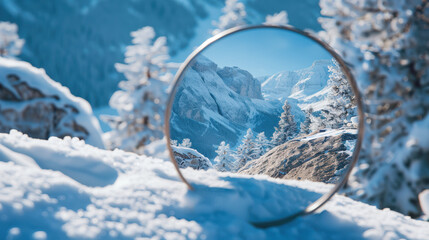 a mirror reflecting a snowy mountain landscape, pristine white snow