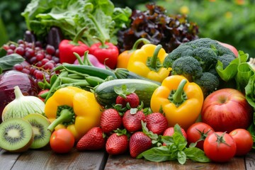 assortment of fresh vegetables and fruits on a wooden table, with bright colors and natural lighting