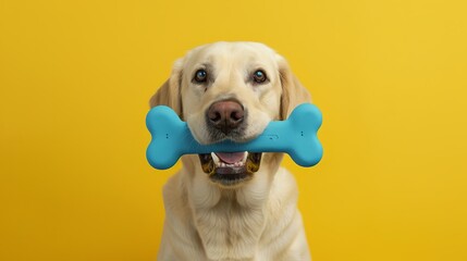 Happy pet dog holding in mouth blue toy bone against solid colour yellow background. isolated on a solid yellow background. Illustrations