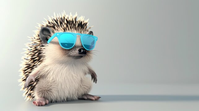 A cartoon image of a baby hedgehog wearing blue plastic sunglasses, sitting on a solid gray background. isolated on a solid gray background. Illustrations