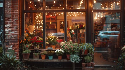 A flower shop window display featuring a variety of flowers and plants, illuminated by string lights. The shop is located in a brick building.