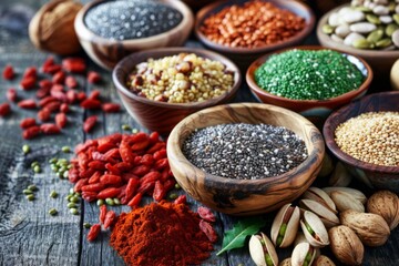 Assortment of superfoods in wooden bowls, including seeds and goji berries