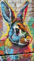 Colorful rabbit graffiti painting on brick wall