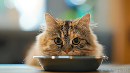 Fluffy Cat Staring Intently at an Empty Food Bowl